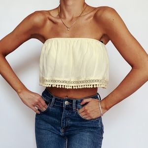 Strapless Flowy Lace Trim Crop Top Bandeau Soft Ye